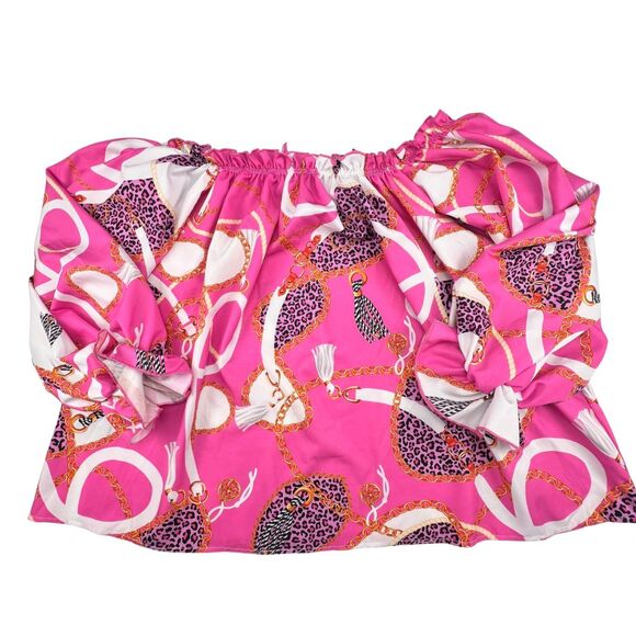 Chic Me Blouse XL Bold Chain Print Off Shoulder Vacation Party Silk Inspired Top - Picture 5 of 9